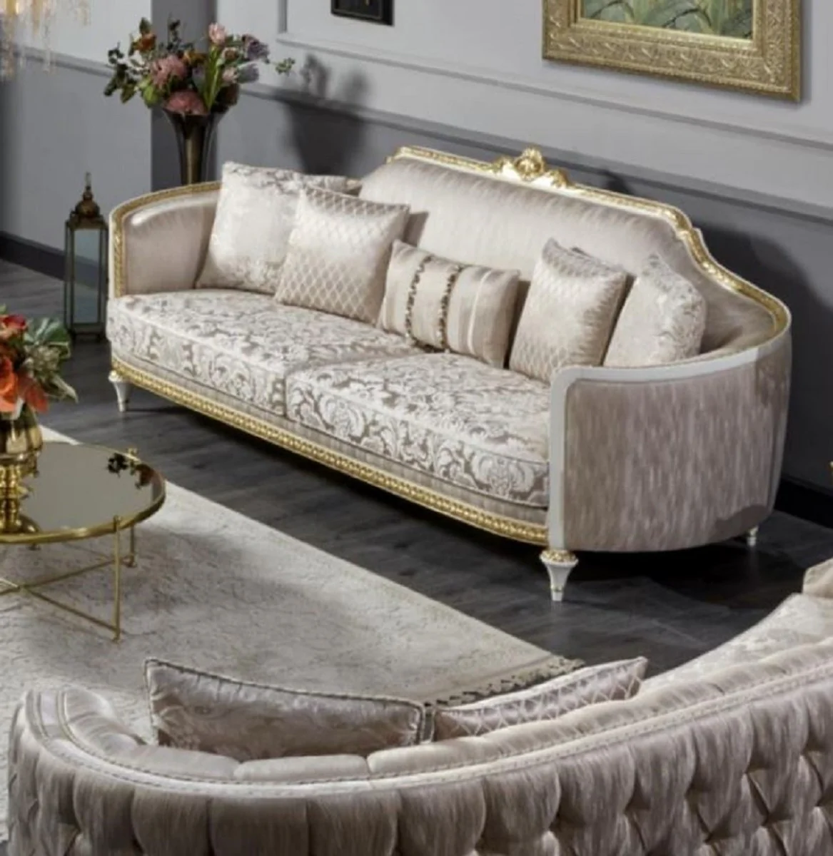Luxury Baroque Sofa Gold / White / Gold - Magnificent Living Room Sofa - Baroque Style Living Room Furniture - Luxury Furniture in Baroque Style - Baroque Furnishings - Noble & Magnificent