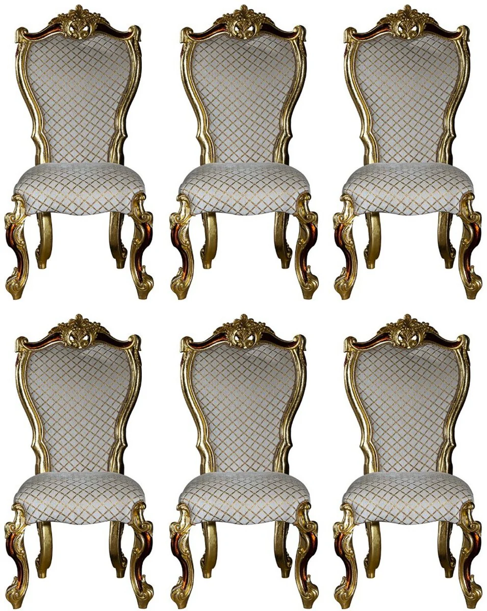 Luxury Baroque Dining Room Chair Set Gray / Gold / Red / Gold 58 x 57 x H. 107 cm - Kitchen Chairs Set of 6 in Baroque Style - Baroque Dining Room Furniture