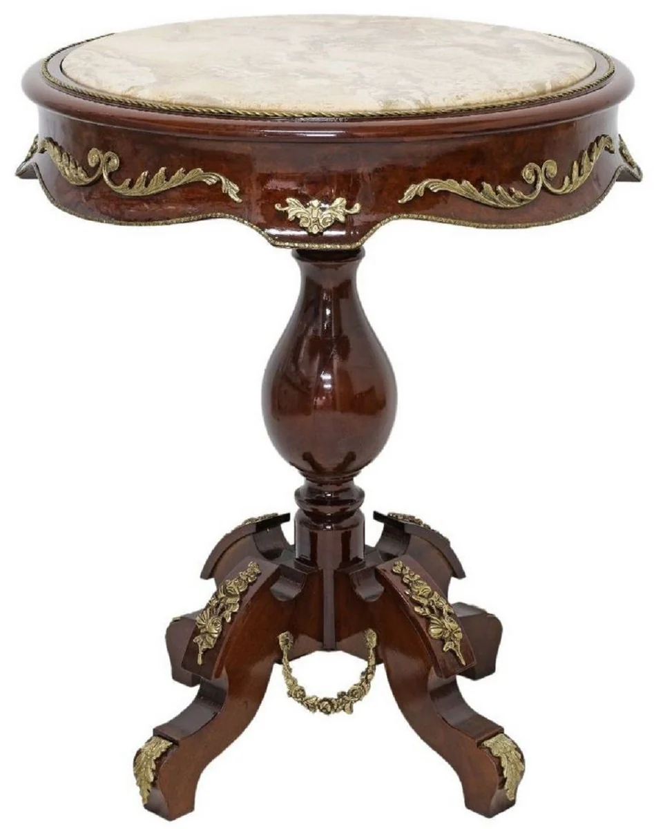 Baroque side table dark brown / brass / cream - antique style solid wood table with round marble top - baroque living room furniture