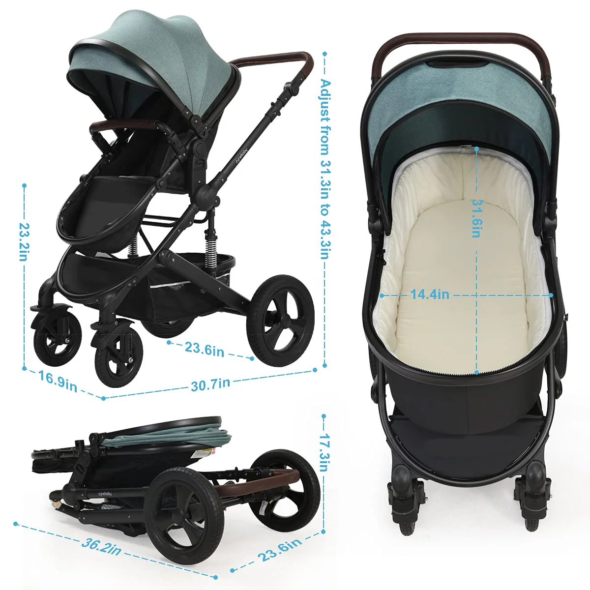 Kinderwagen für Neugeborene und Kleinkinder – Cynebaby 2-in-1 Hochformat, umwandelbar, umkehrbar, stoßfest, Stubenwagen, Kinderwagen, Kinderwagen, mit Getränkehalter, Fußsack und Wickeltasche (grün)