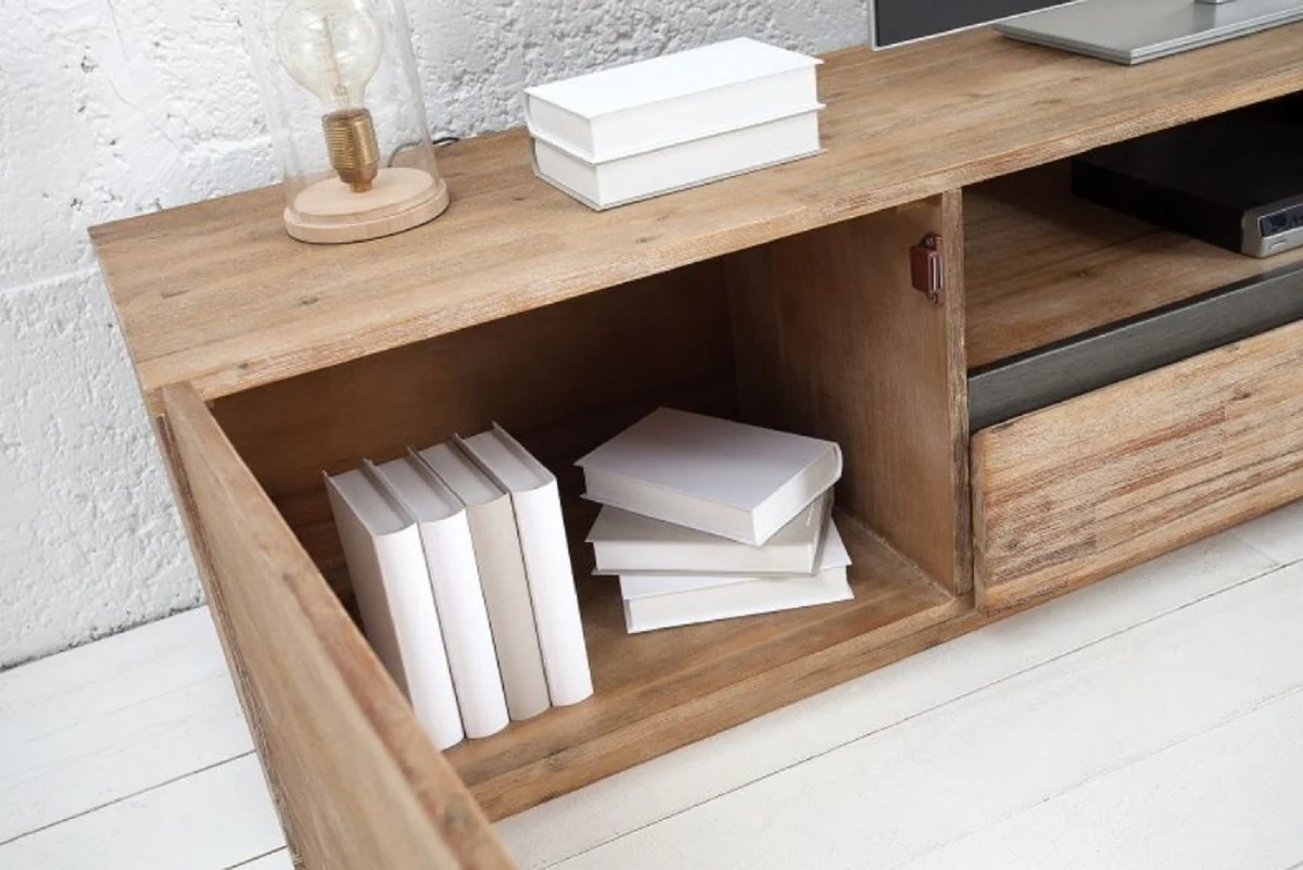 Designer TV cabinet with door and drawer natural color / teak gray 170 x 42 x H. 46 cm - sideboard - handmade from solid wood!