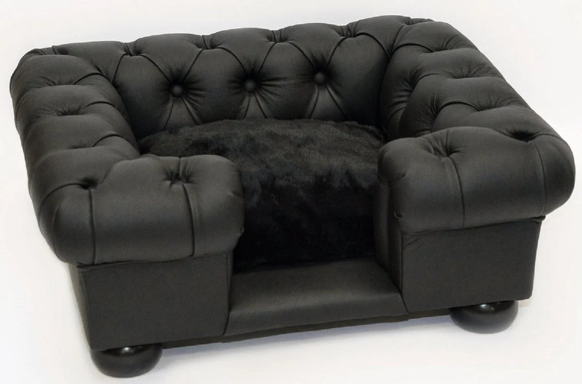 Luxury Chesterfield leather dog bed black 95 x 75 x H. 37 cm - Rectangular genuine leather dog bed - Chesterfield animal furniture - Luxury animal furniture - Leather animal furniture - Dog furniture
