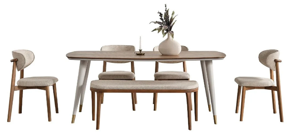 Luxury dining room set gray / brown - 1 luxury dining table & 4 luxury dining chairs & 1 luxury bench - dining room furniture - luxury furniture - luxury furnishings - dining room furnishings