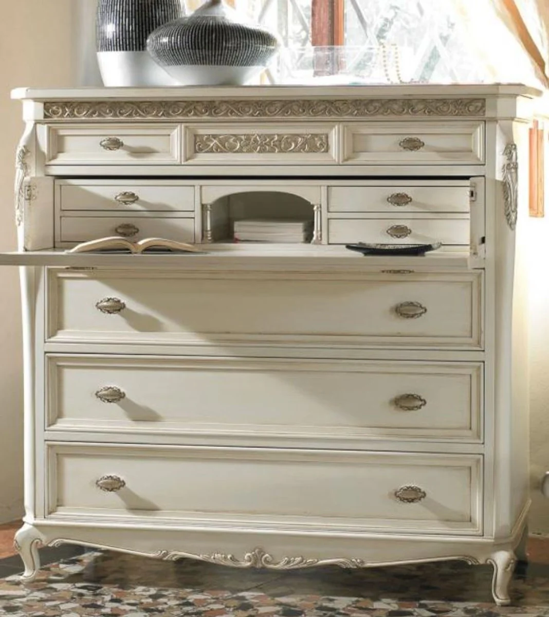 Luxury baroque writing chest with 9 drawers antique white / silver 130 x 57 x H. 127 cm - luxury quality - noble baroque furniture