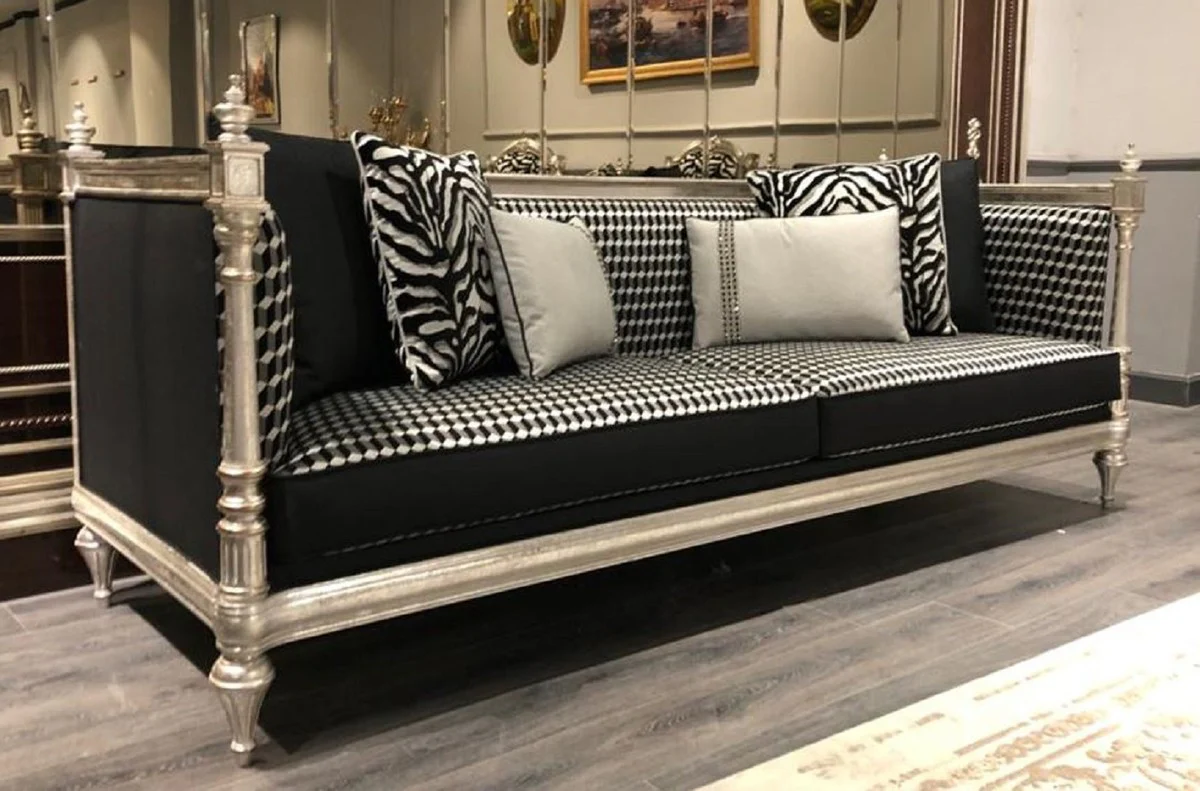 Luxury Baroque Sofa Black / Silver / Antique Silver - Living Room Sofa with Elegant Pattern - Noble & Magnificent