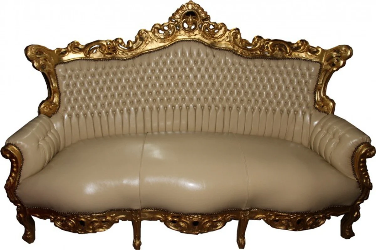 Baroque 3 seater sofa Master cream leather look / gold - antique style furniture