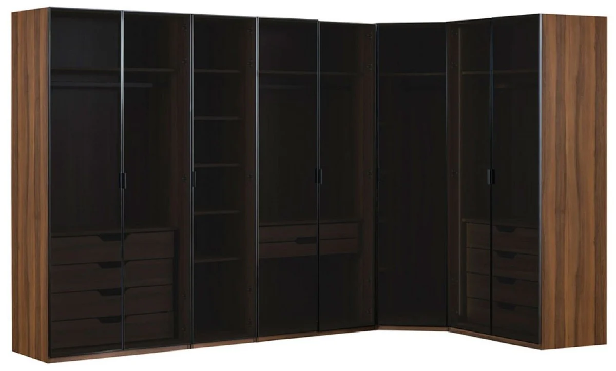 Luxury corner wardrobe brown / black 345 x 195 x H. 220 cm - solid wood bedroom wardrobe with 8 glass doors and LED lighting - bedroom furniture - hotel furniture - luxury furniture