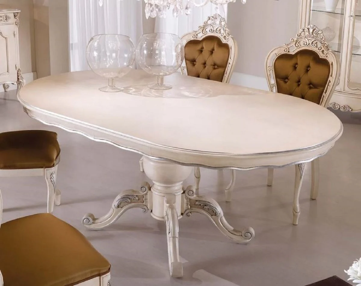 Luxury Baroque Dining Table Cream / Silver - Oval Extendable Solid Wood Dining Room Table in Baroque Style - Baroque Dining Room Furniture - Luxury Quality - Made in Italy