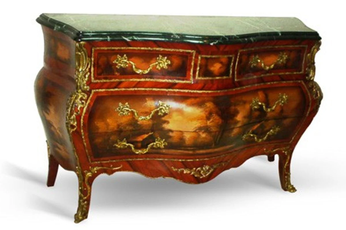Baroque chest of drawers with marble top mahogany brown still life with gold metal applications 155 cm - Hotel Collection