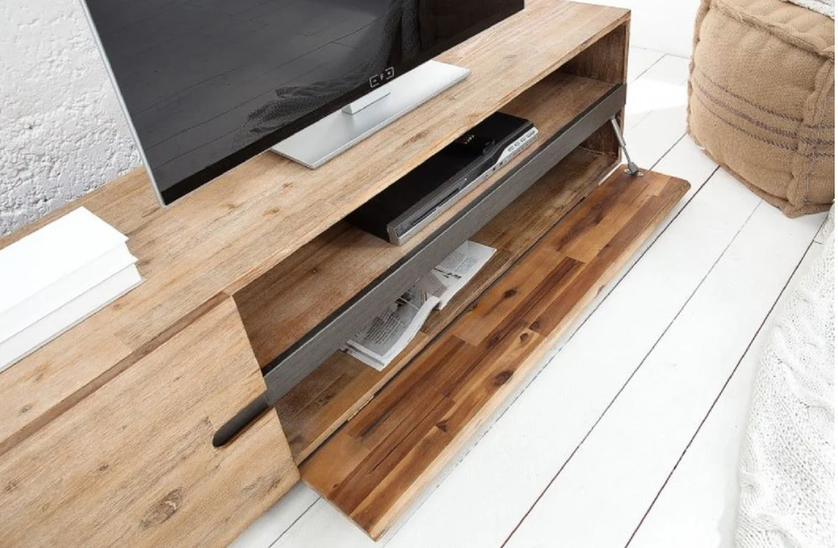 Designer TV cabinet with door and drawer natural color / teak gray 170 x 42 x H. 46 cm - sideboard - handmade from solid wood!