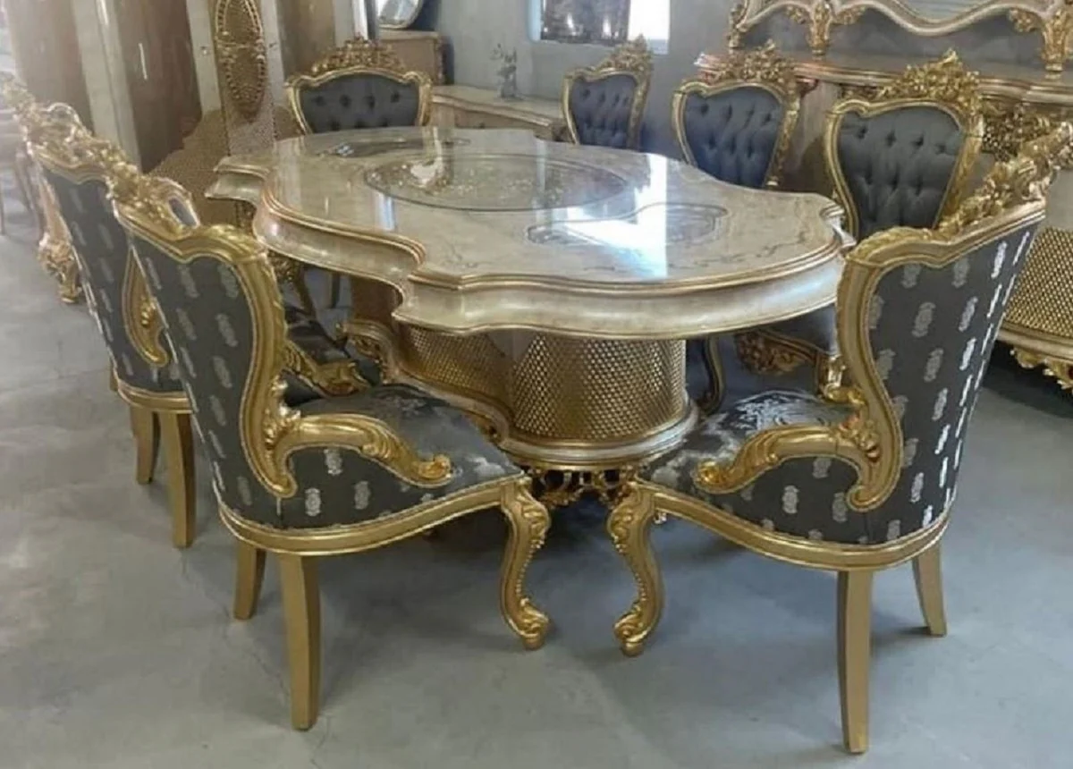 Luxury Baroque Dining Room Set Multicolored / Gray / Gold - 1 Baroque Dining Table & 8 Baroque Dining Room Chairs - Baroque Dining Room Furniture - Luxury Dining Room Furniture in Baroque Style - Noble & Magnificent