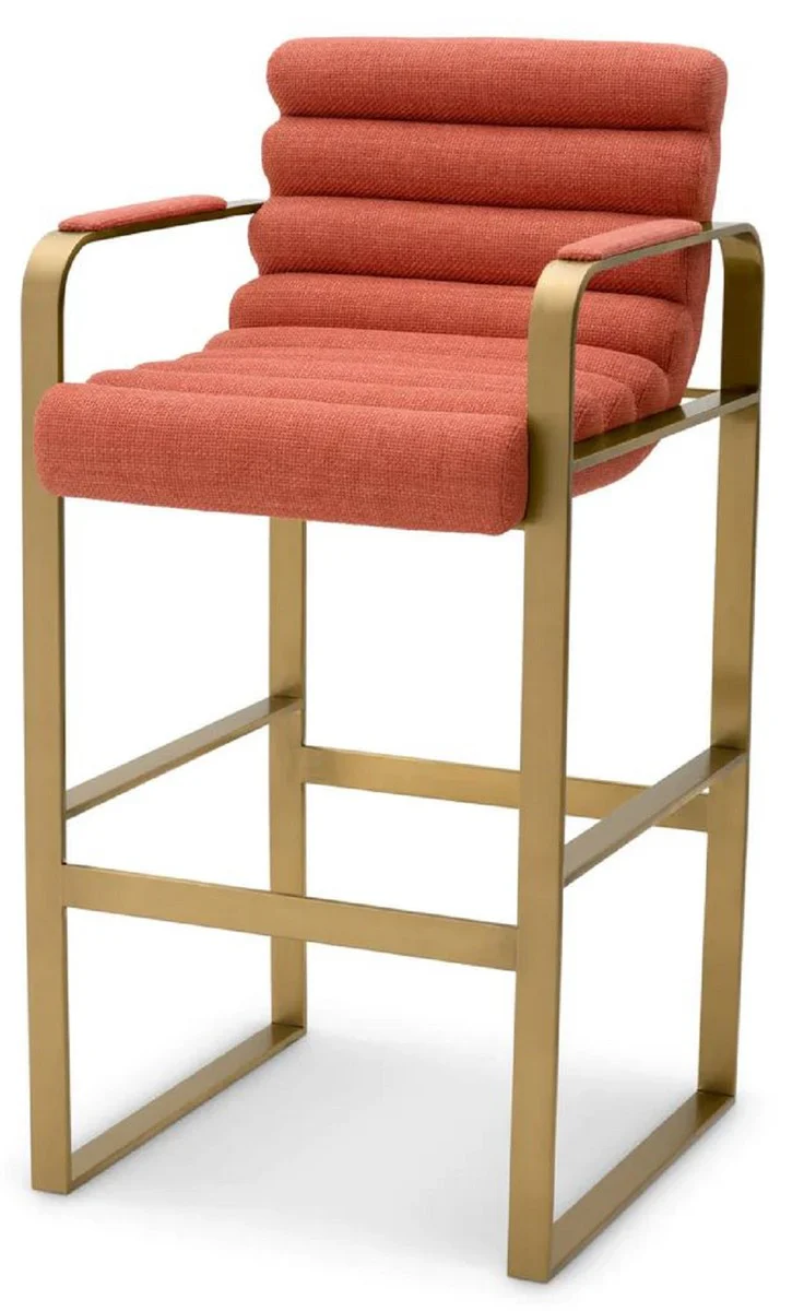 Luxury bar chair with armrests orange / brass 53.5 x 57.5 x H. 107 cm - Padded stainless steel bar stool - Bar furniture - Luxury furniture - Luxury quality