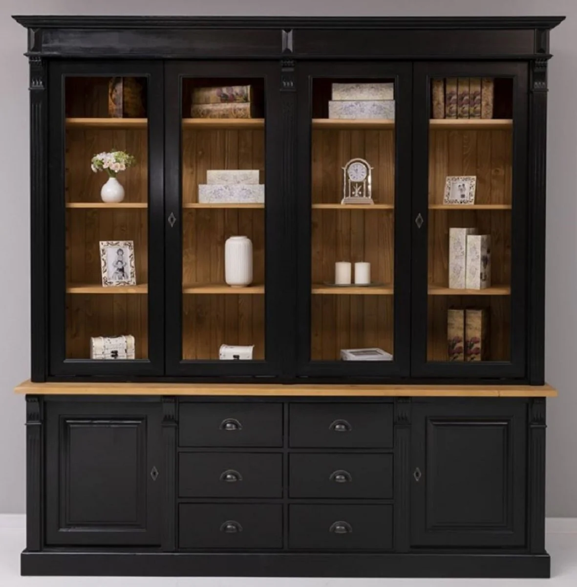 Country house style solid wood cabinet black / natural colors 223 x 51 x H. 228 cm - bookcase - shelf cabinet - country house style solid wood furniture
