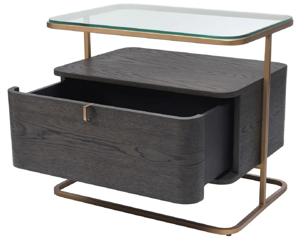 Luxury side table mocha / brass 65 x 46 x H. 57 cm - Elegant bedside table with glass top and drawer - Luxury furniture
