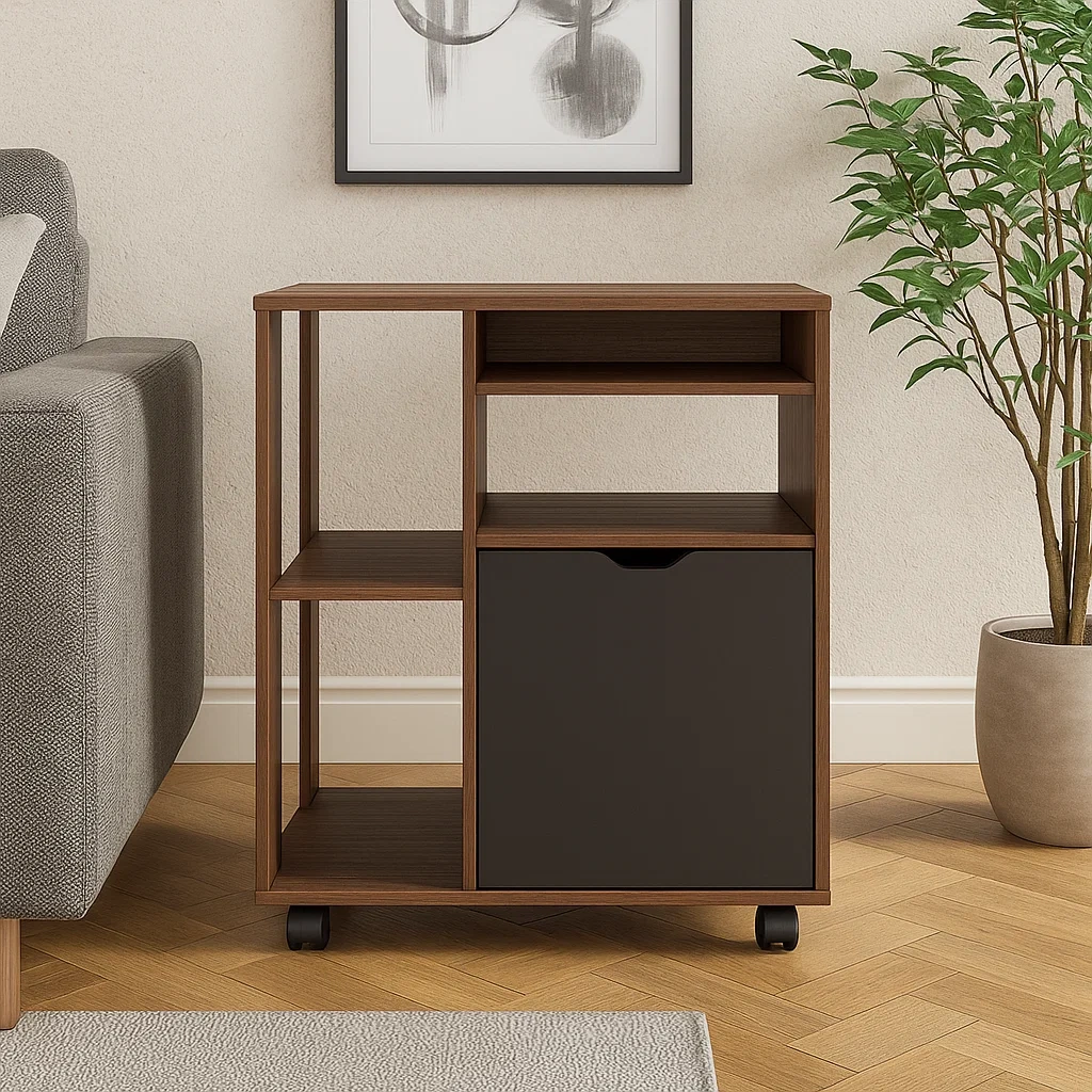 Kücheninsel, offen mit Schrank und Rollen, MDF-Holz, Walnuss und Schwarz, freistehend, 60 x 35 x 75 cm, für den Hausgebrauch - ocLOhsmuDrLr