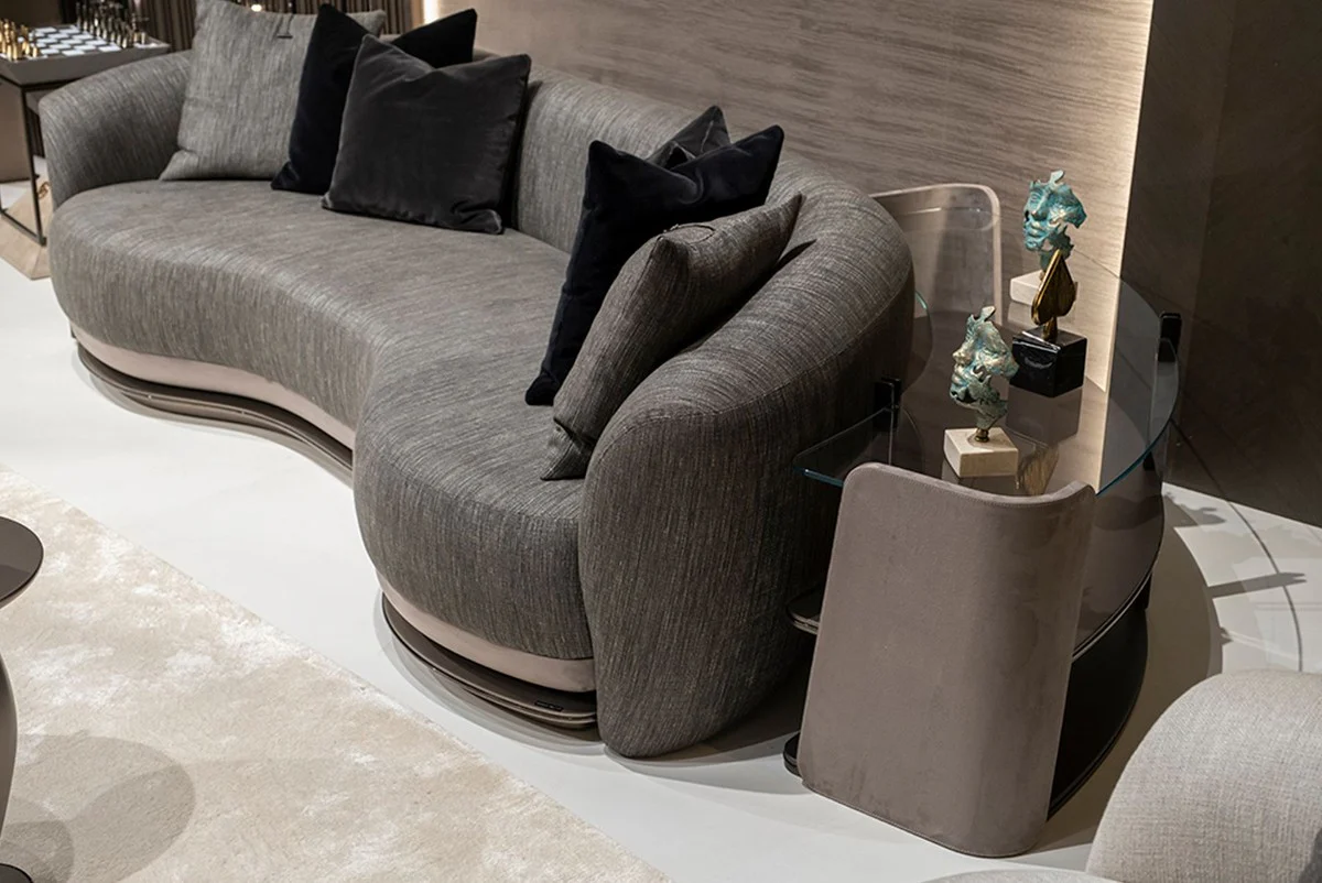 Luxury shelf cabinet gray / dark brown / bronze 141.45 x 105.41 x H. 61.5 cm - Curved cabinet with glass top - Living room furniture - Hotel furniture - Luxury furniture