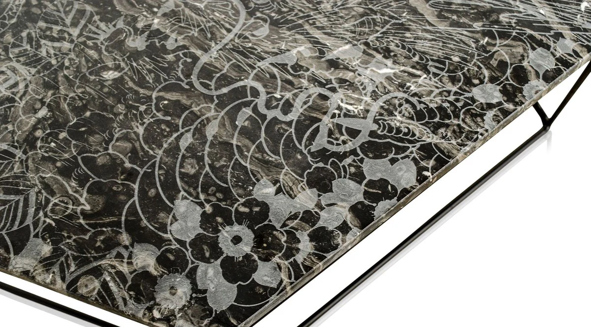 Designer coffee table black with pattern / black 89 x 54 x H. 30 cm - luxury living room table with marble top