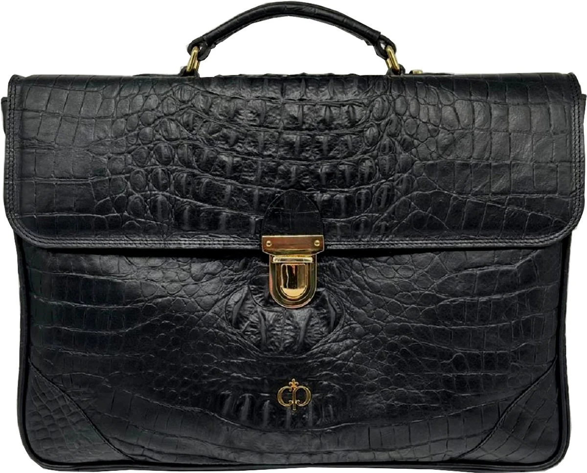 Luxus Echtleder Herren Aktentasche in Kroko Optik Schwarz / Gold 42 cm - Made in Italy