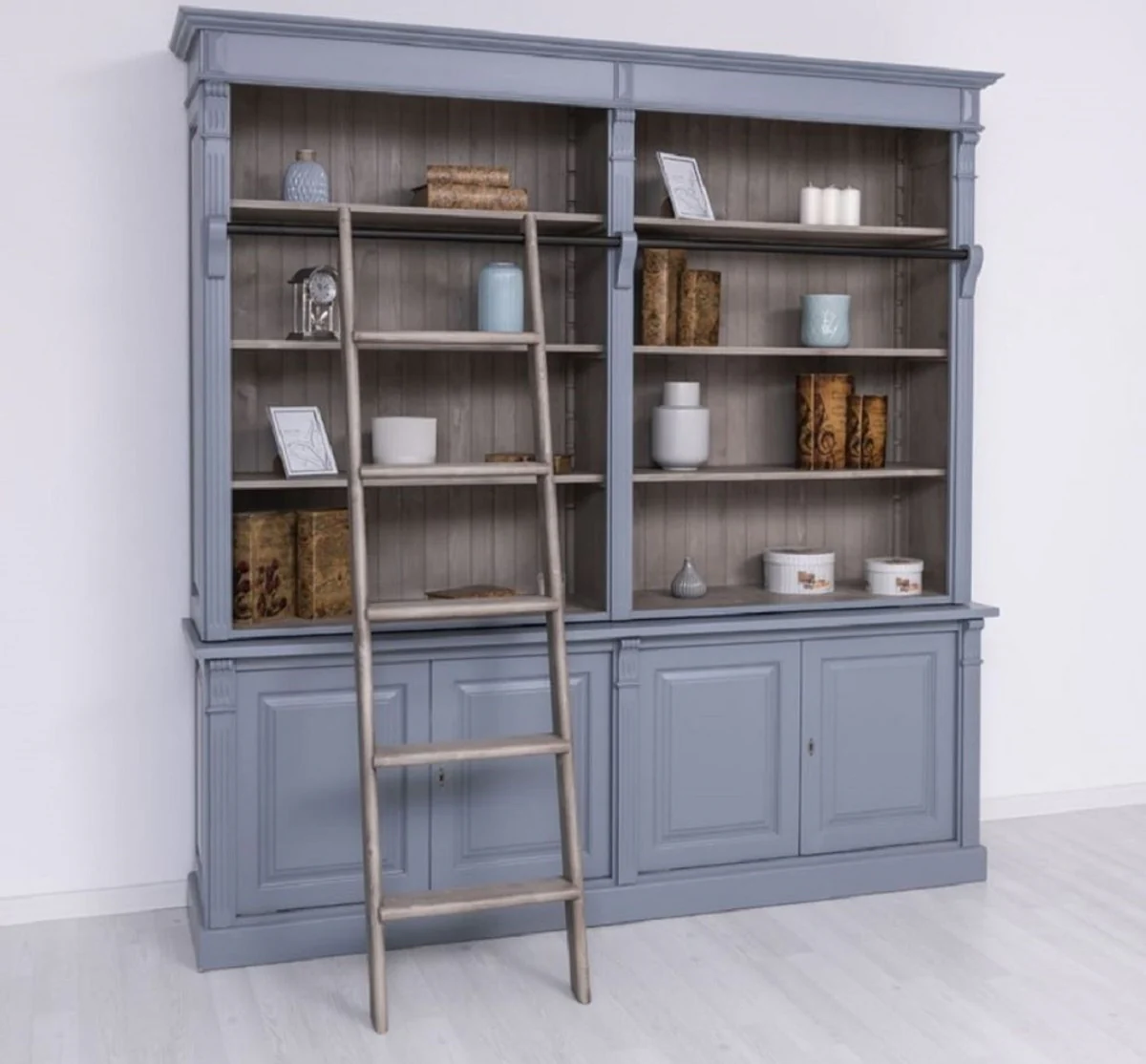 Country house style bookcase with ladder light blue / gray 223 x 51 x H. 228 cm - solid wood cupboard - living room cupboard - shelf cupboard - office cupboard - country house style furniture