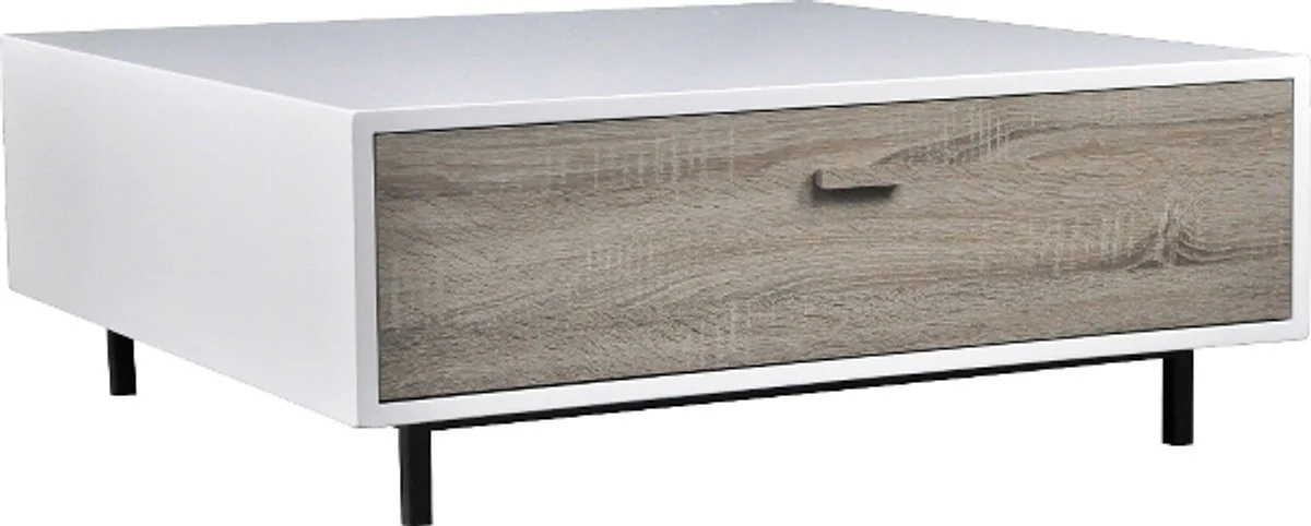 Coffee table white / natural colors 90 x 90 x H. 35 cm - Hand-made lacquer coffee table with wooden drawer