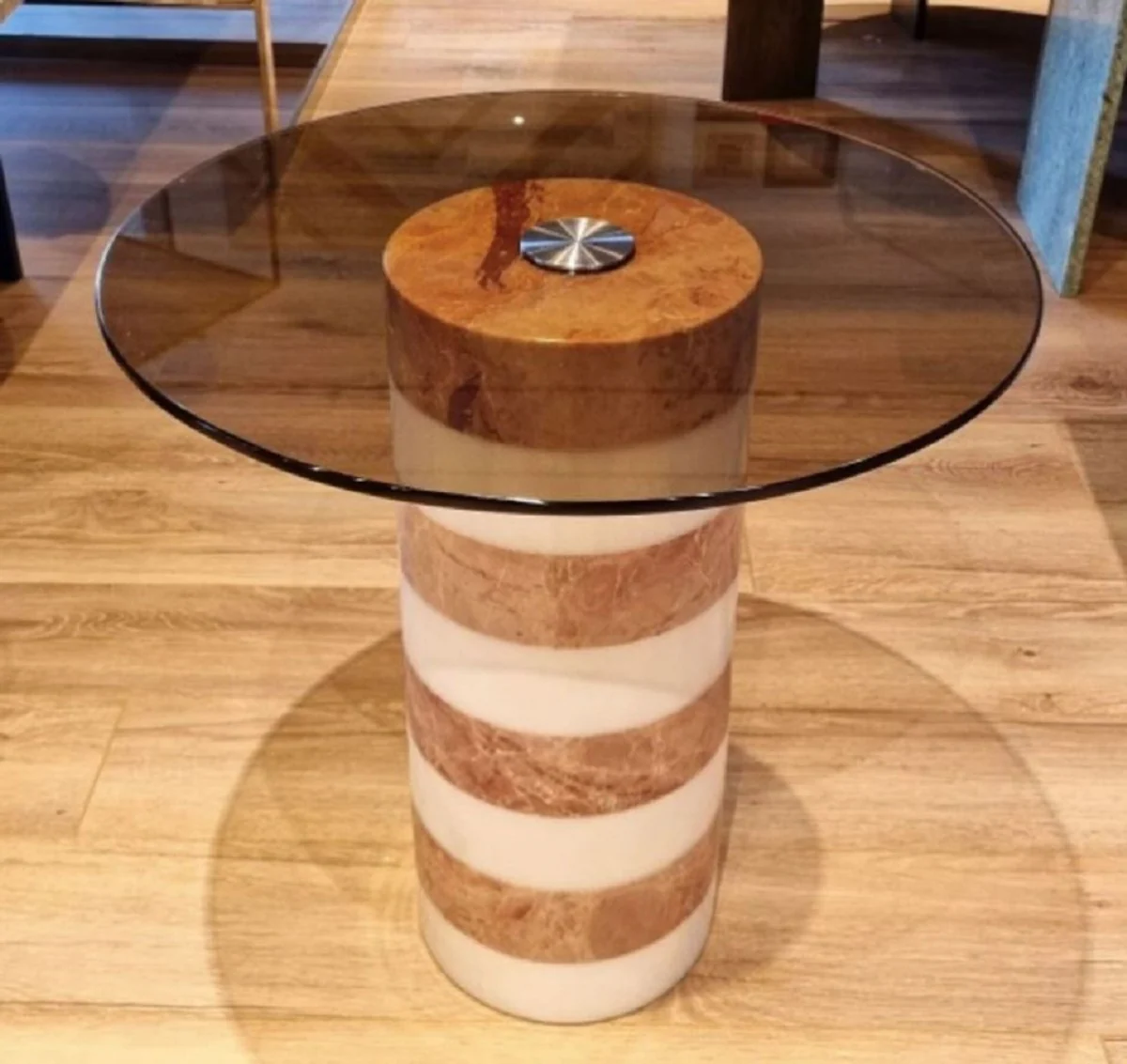 Luxury side table brown / white Ø 48 x H. 50 cm - Round marble table with glass top - Living room furniture - Luxury furniture - Marble furniture - Luxury furnishings - Living room furnishings