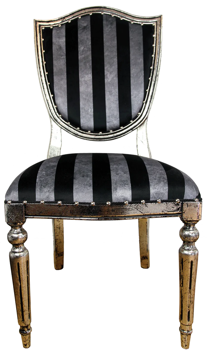 Art Deco Luxury Dining Room Chair Black Silver Stripes / Antique Style Silver 52.5 x 59 x H. 104 cm - Luxury Hotel Furniture