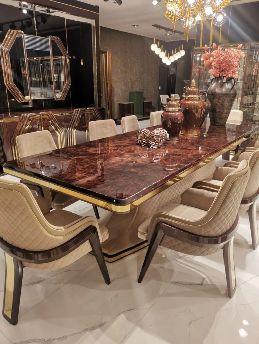 Luxury Art Deco dining table brown / beige / gold 226 x 112 x H. 70 cm - solid wood kitchen table with table top in marble look - dining room furniture - Art Deco furniture - luxury furniture