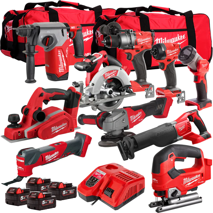 Milwaukee 18V Akku 10 Stück Tool Kit mit 4 x 5.0Ah Batterien & Ladegerät in Tasche T4TM-8