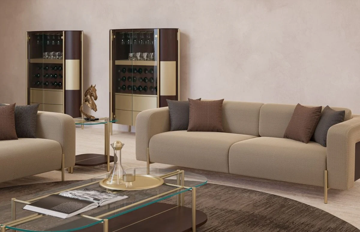 Luxury bar cabinet dark brown / brass 128 x 47 x H. 150 cm - Illuminated solid wood wine cabinet with 4 doors - Living room furniture - Bar furniture - Hotel furniture - Luxury collection