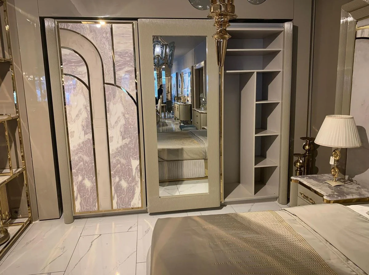 Luxury Art Deco bedroom wardrobe gray / white / gold 270 x H. 230 cm - Mirrored wardrobe with 3 sliding doors - Art Deco bedroom & hotel furniture - Luxury collection