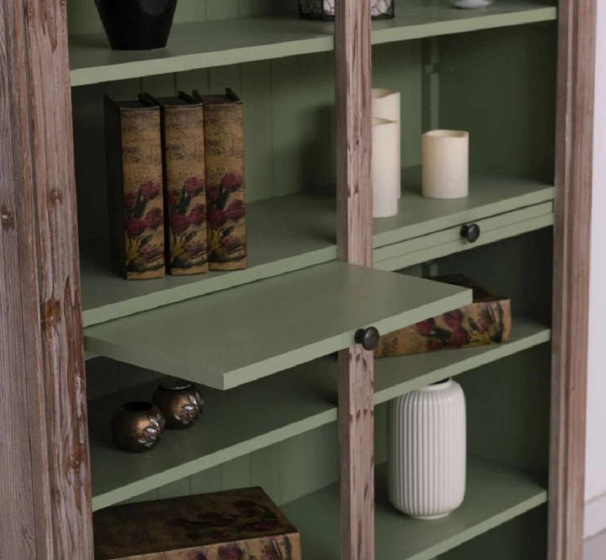 Country house style bookcase brown / green 120 x 37 x H. 197 cm - solid wood cabinet - shelf cabinet - living room cabinet - country house style furniture