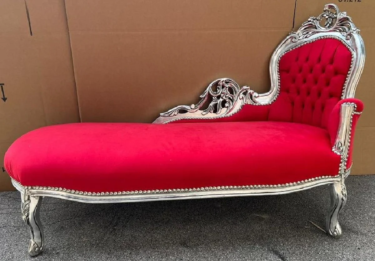 Baroque Chaise Longue Right Side Red / Silver - Handcrafted Solid Wood Recamiere - Baroque Living Room Furniture - Noble & Magnificent