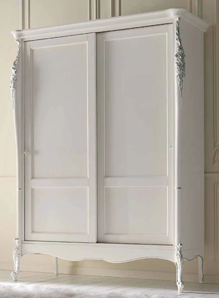 Luxury Baroque Bedroom Cabinet White / Silver - Solid Wood Wardrobe with 2 Sliding Doors in Baroque Style - Bedroom Furniture - Baroque Furniture - Luxury Quality - Made in Italy