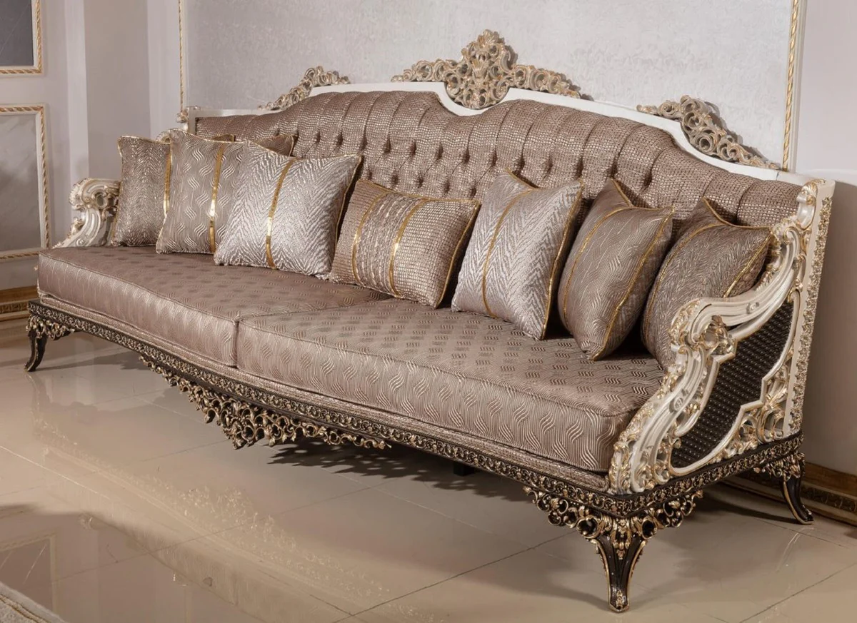 Luxury Baroque Sofa Gray / White / Dark Brown / Gold 255 cm