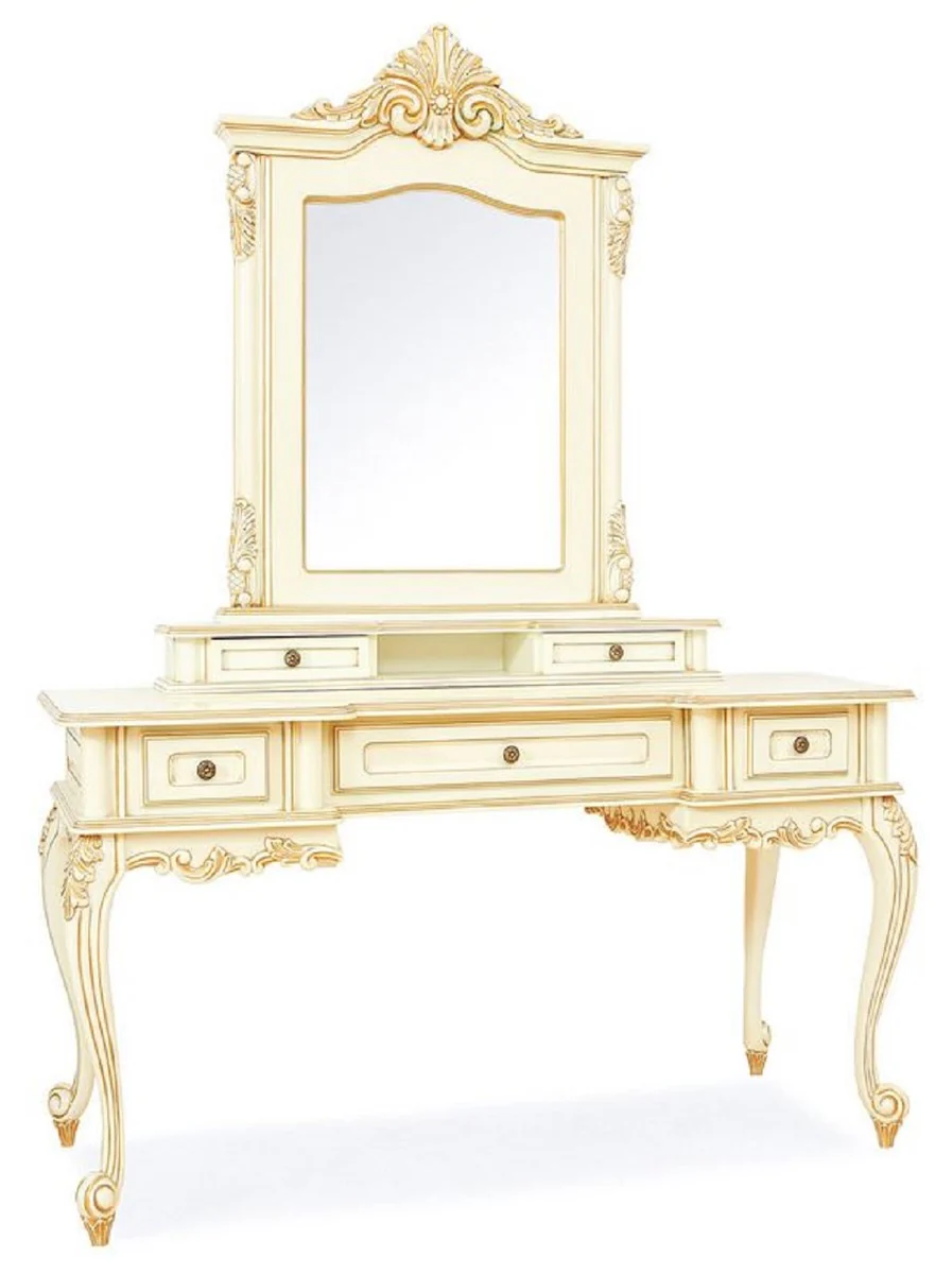 Luxus Barock Schminktisch mit Spiegel Creme / Beige - Prunkvolle Barockstil Schminkkommode mit Wandspiegel - Luxus Schlafzimmer Möbel im Barockstil - Barock Möbel