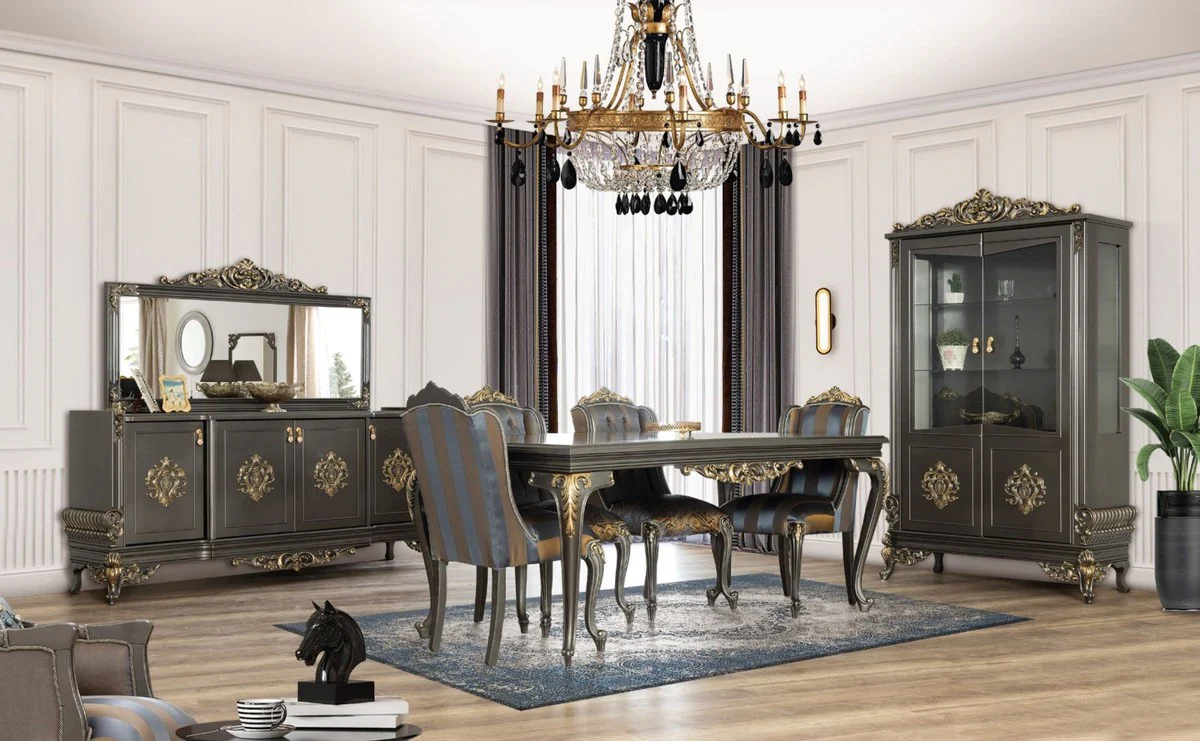 Luxury Baroque Dining Room Set Blue / Gray / Gold - 1 Dining Room Table & 6 Dining Chairs - Noble Baroque Dining Room Furniture - Noble & Magnificent