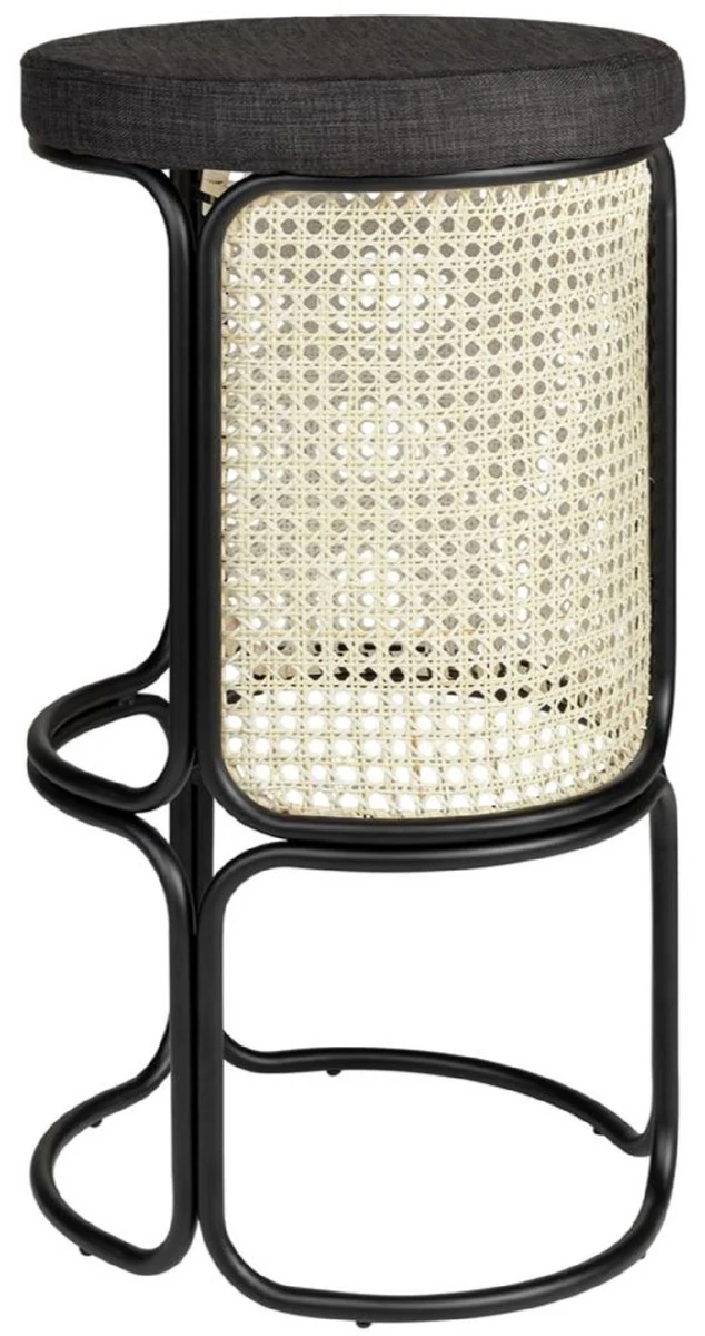 Designer bar stool black / natural color Ø 40.5 x H. 75.5 cm - Round padded bar chair with elegant rattan weave and powder-coated steel frame