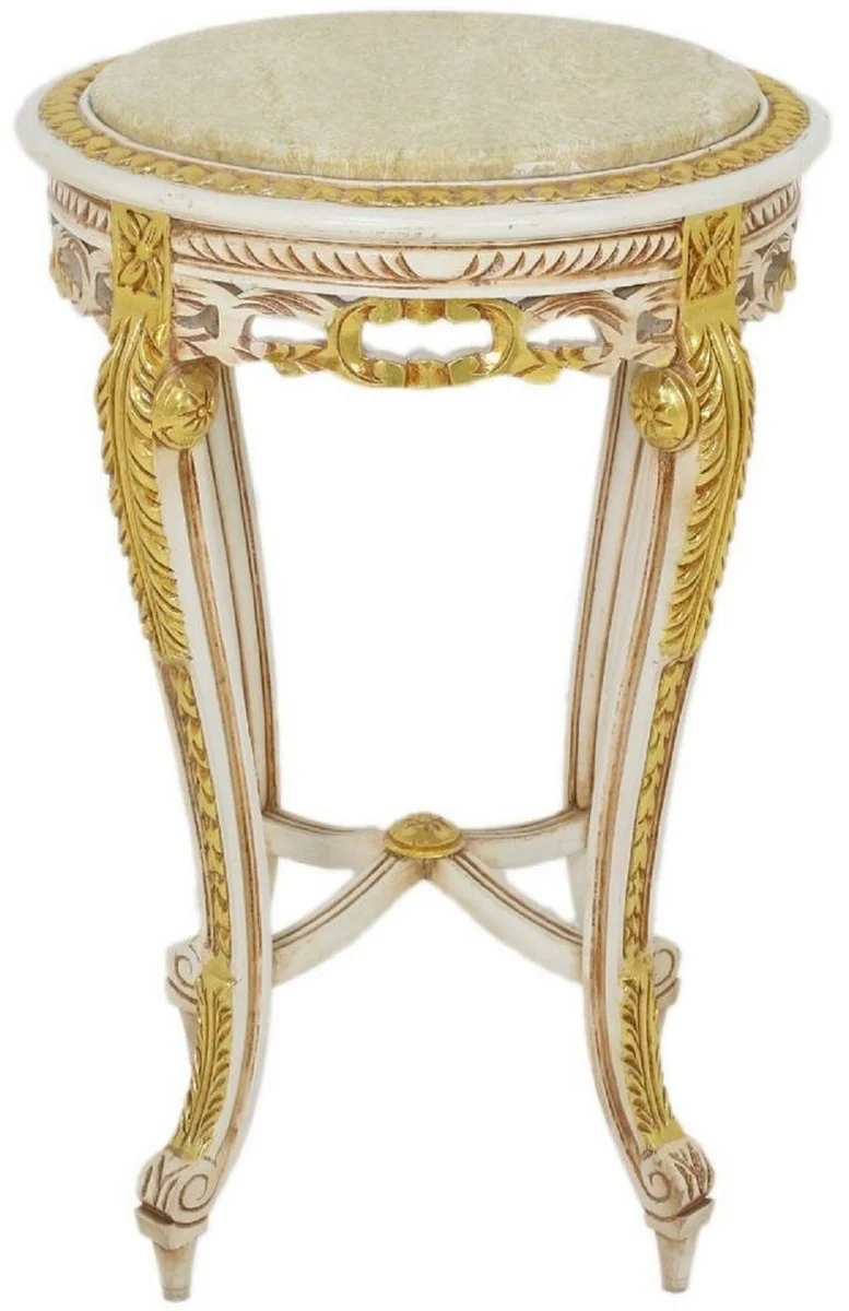 Baroque side table with marble top white / beige / gold / cream Ø 40 x H. 60 cm - Round antique style table - Baroque living room furniture
