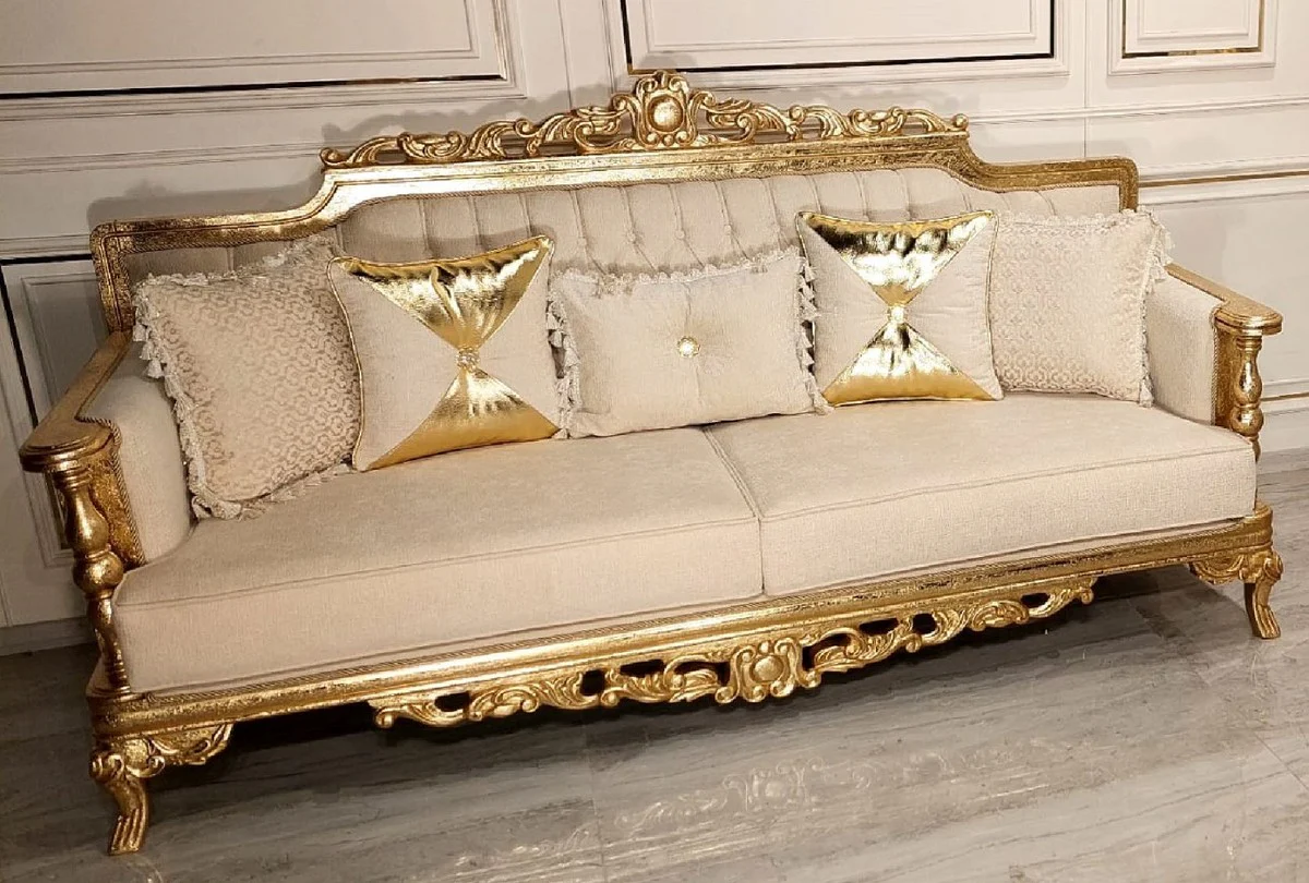 Luxury Baroque Living Room Sofa Cream / Gold - Handmade Baroque Style Sofa - Luxury Living Room Furniture in Baroque Style - Baroque Furniture - Noble & Magnificent
