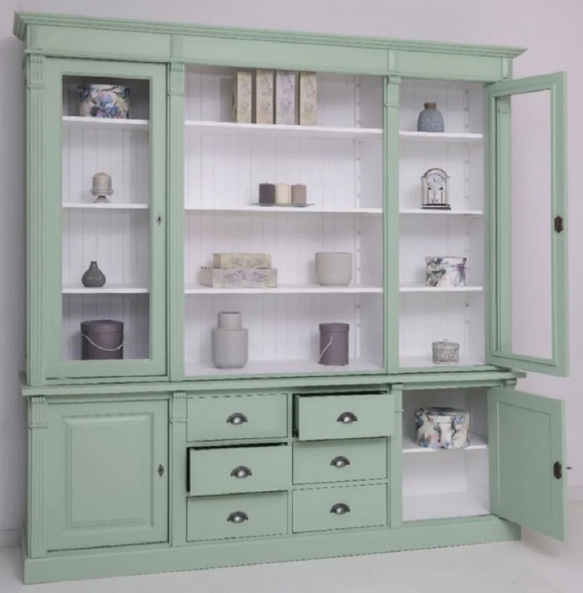 Country house style dining room cabinet light green / white 223 x 51 x H. 228 cm - solid wood cabinet - kitchen cabinet - country house style dining room furniture