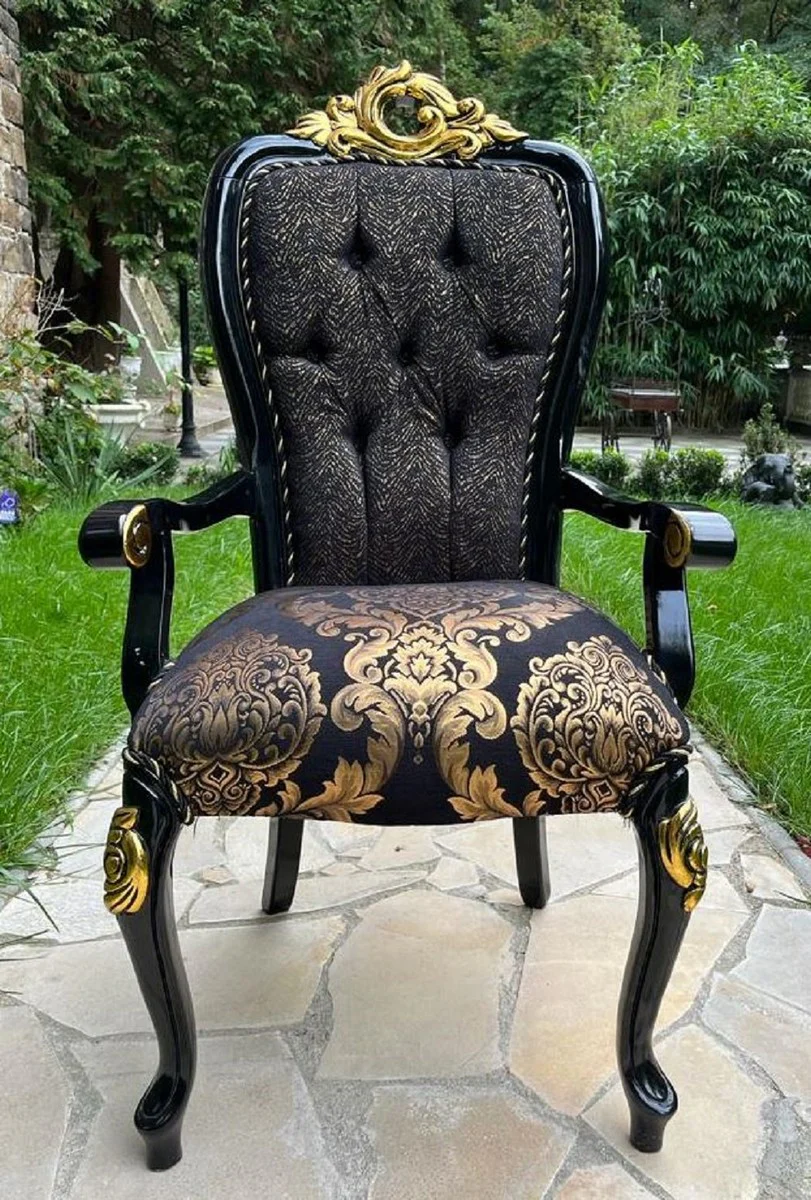 Luxury Baroque Dining Room Chair with Armrests Black / Gold - Luxury Dining Room Furniture in Baroque Style - Magnificent Baroque Furniture - Baroque Interior