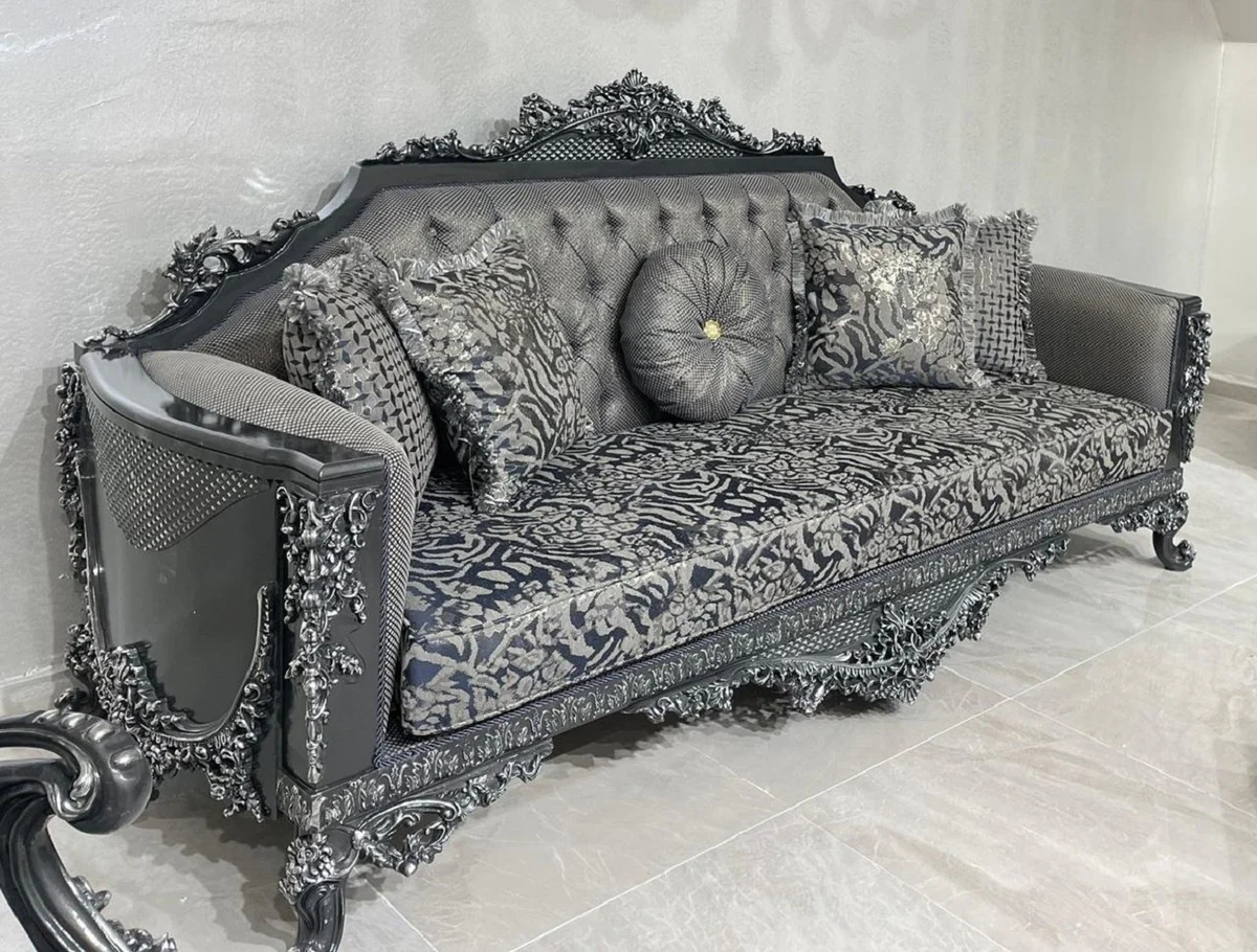 Luxus Barock Wohnzimmer Set Grau / Silber - 2 Barock Sofas & 2 Barock Sessel & 1 Barock Couchtisch - Luxus Wohnzimmer Möbel im Barockstil - Barock Möbel - Edel & Prunkvoll