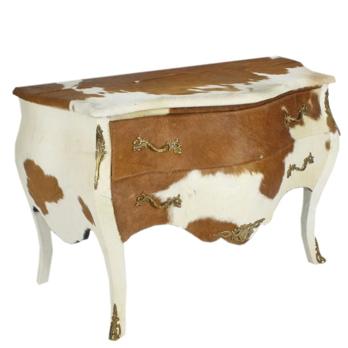 Baroque cowhide chest of drawers brown / white with brass-colored metal applications 120 cm - antique style furniture