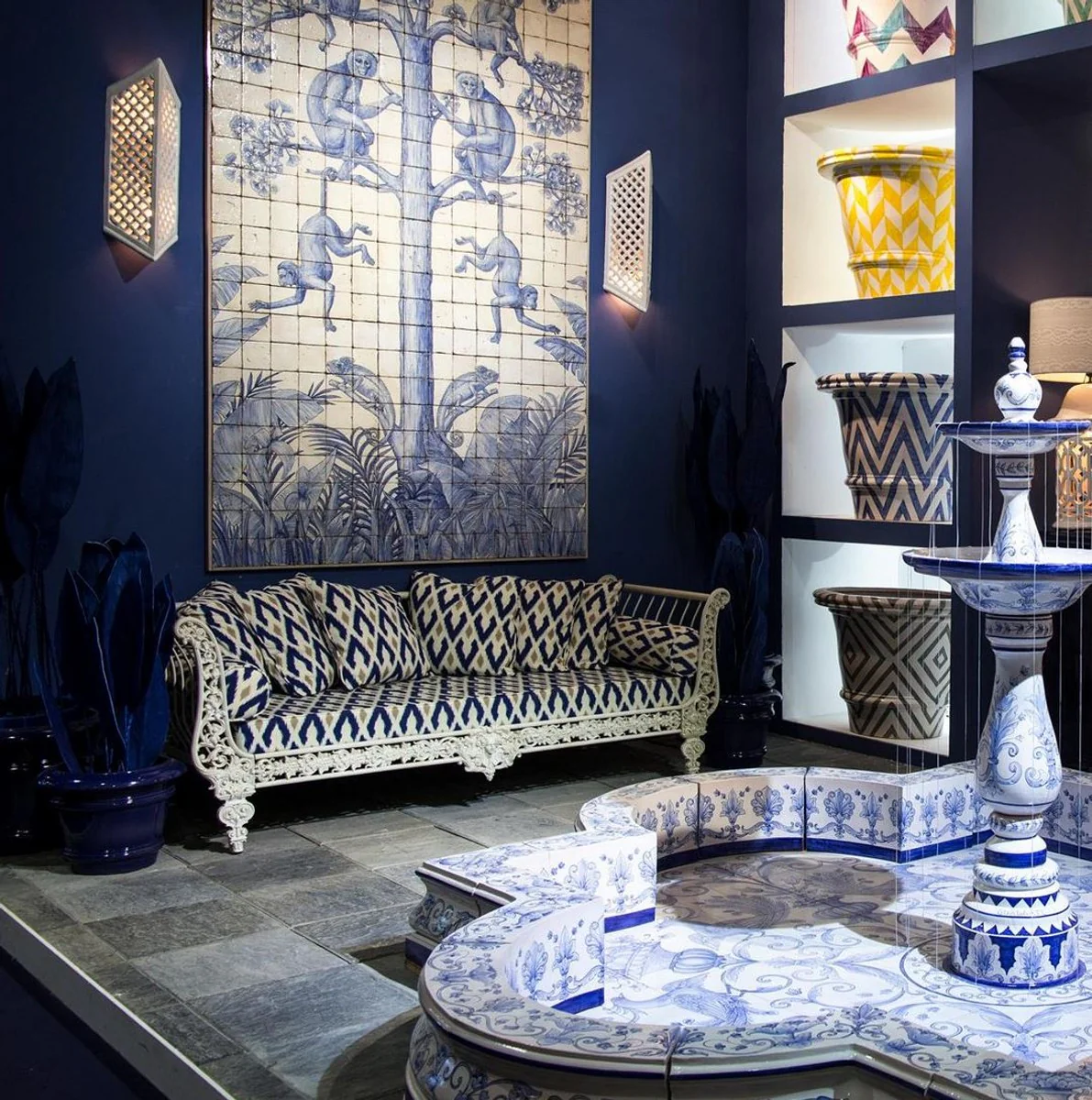 Luxury baroque sofa white / blue / gold 212 x 87 x H. 77 cm - hand-forged wrought iron sofa with cushions - living room sofa - garden sofa - terrace sofa - baroque furniture