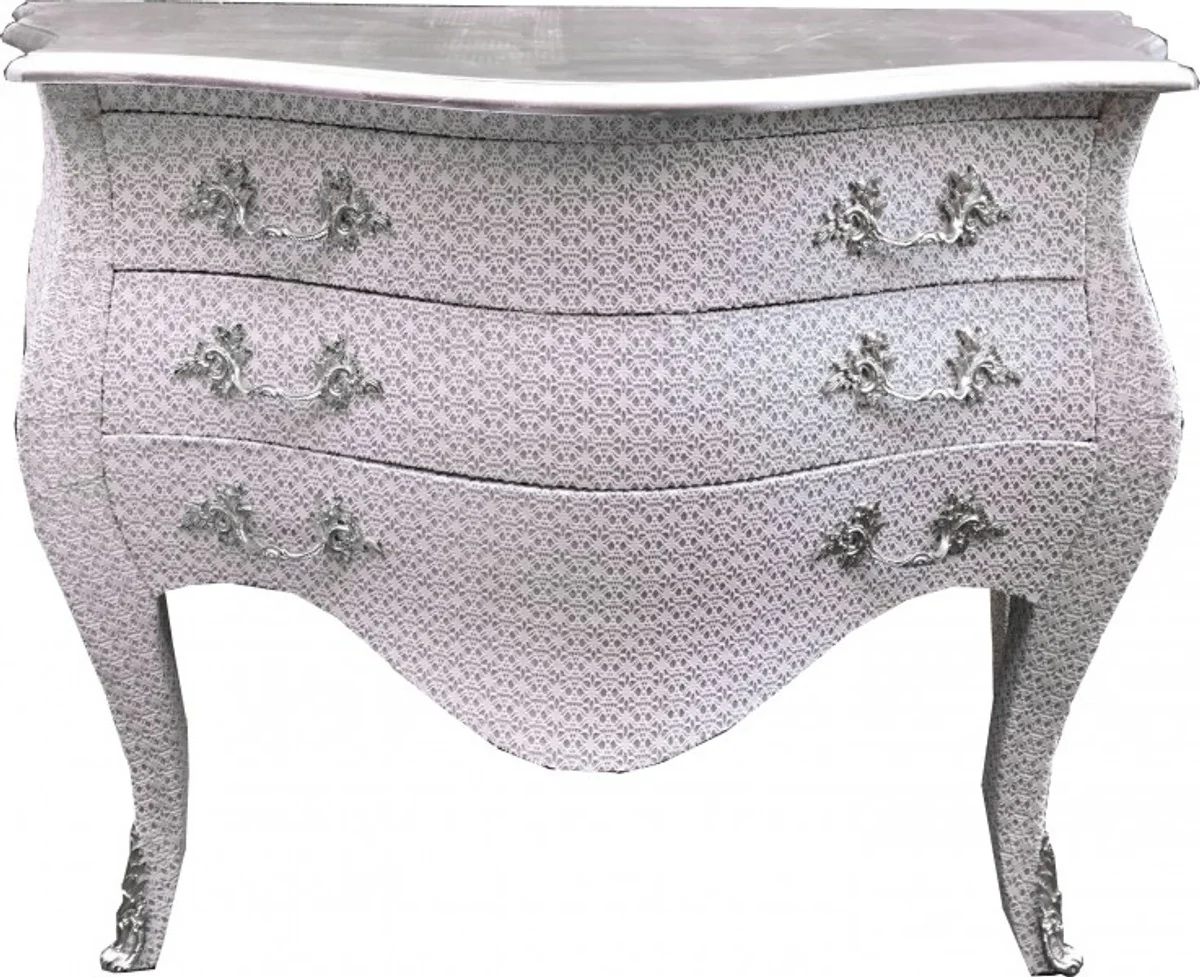Baroque chest of drawers white / glitter look 120 cm with silver top plate - Baroque antique style furniture