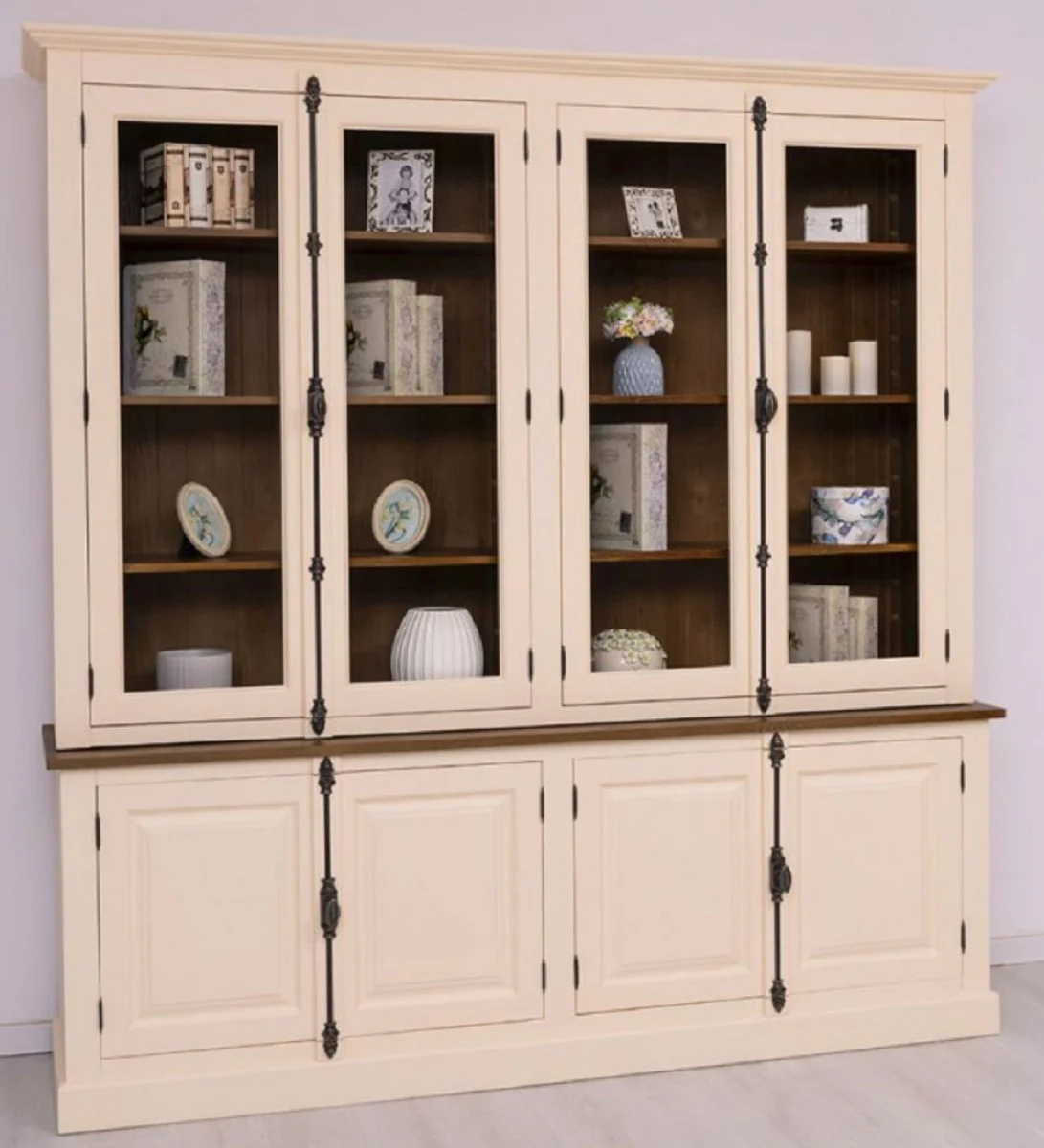 Country house style dining room cabinet cream / brown 223 x 50 x H. 228 cm - solid wood kitchen cabinet - dining room furniture in country house style - country house style dining room furnishings