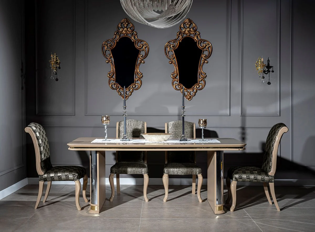 Luxury Art Deco dining table beige / gold - noble solid wood kitchen table - Art Deco dining room furniture