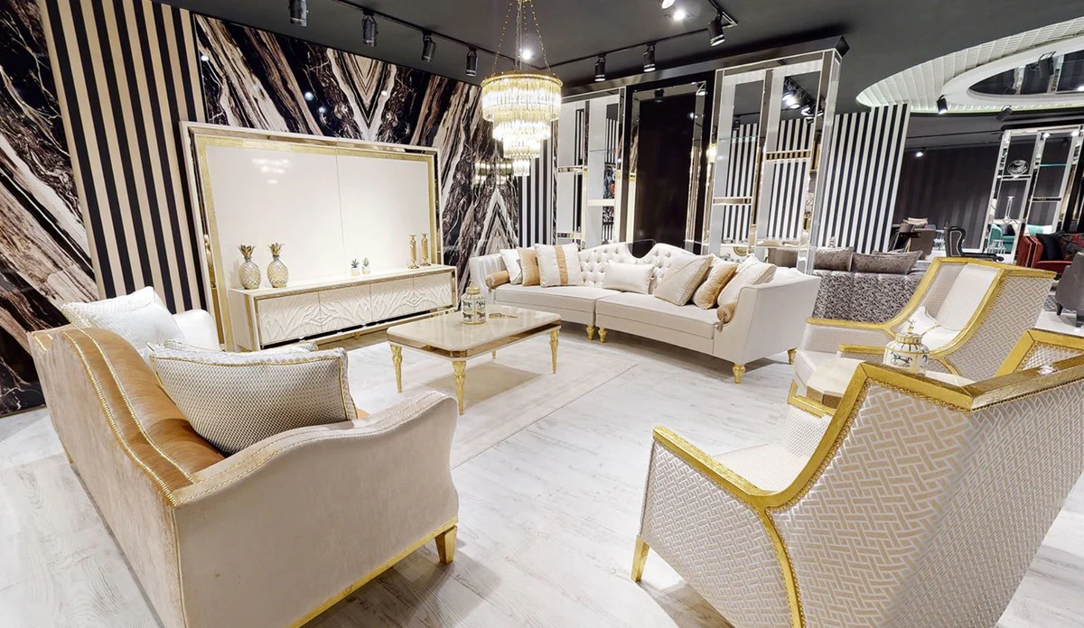 Luxury Baroque Sofa White / Gold - Curved Living Room Sofa - Hotel Sofa - Luxury Baroque Living Room & Hotel Furniture