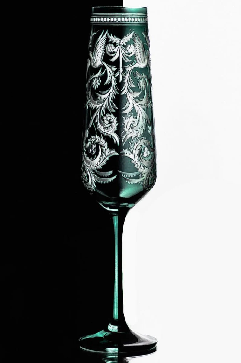 Luxury champagne glasses set of 6 green / silver Ø 6.5 x H. 26.5 cm - handmade and hand-engraved champagne glasses - hotel & restaurant accessories - luxury quality