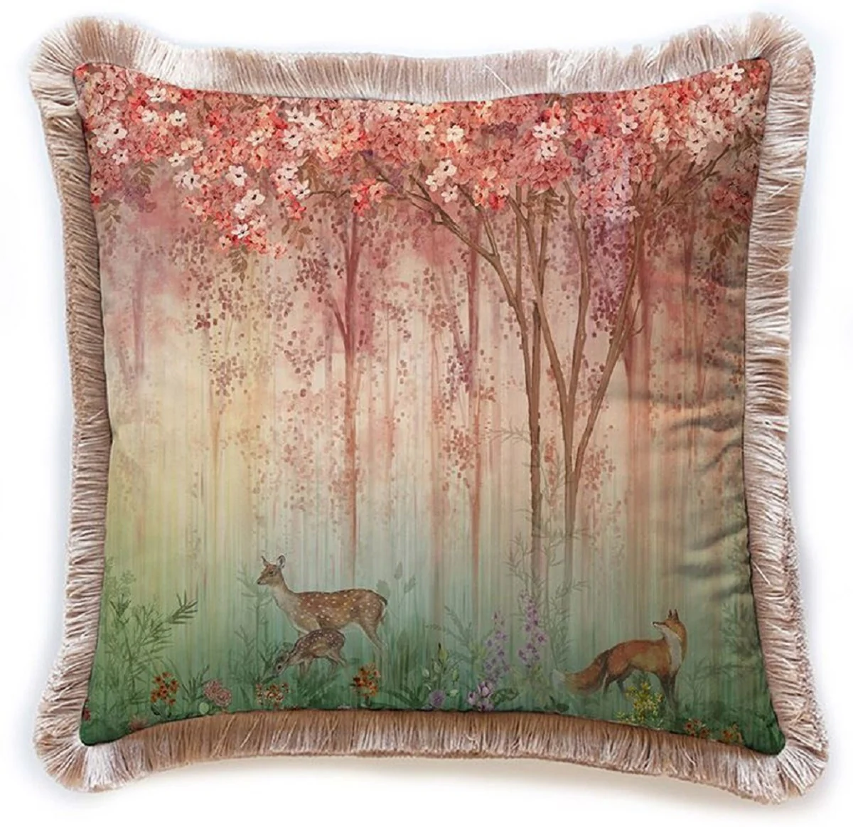Luxury decorative cushion forest & animals multicolored / brown 45 x 45 cm - printed velvet cushion with fringes - luxury decorative accessories